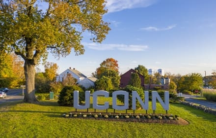 Aerial (drone) view of the large letter UConn