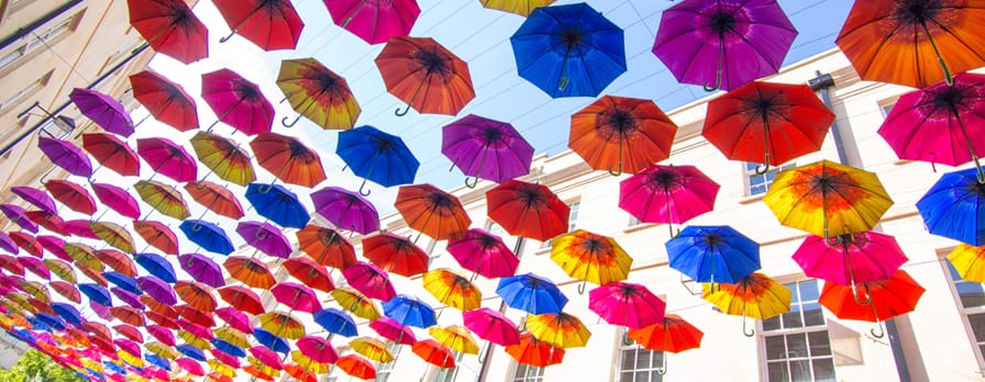 Street decorated with coloured umbrellas in Bristol, UK
